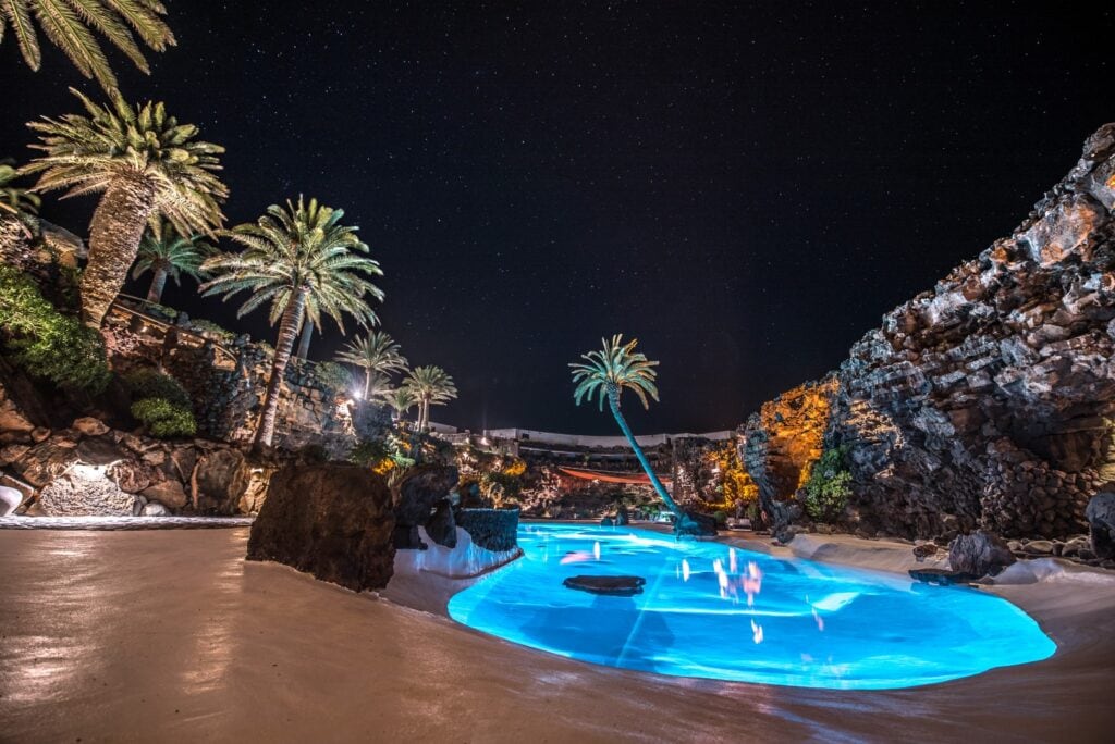 Jameos del Agua lit up at night